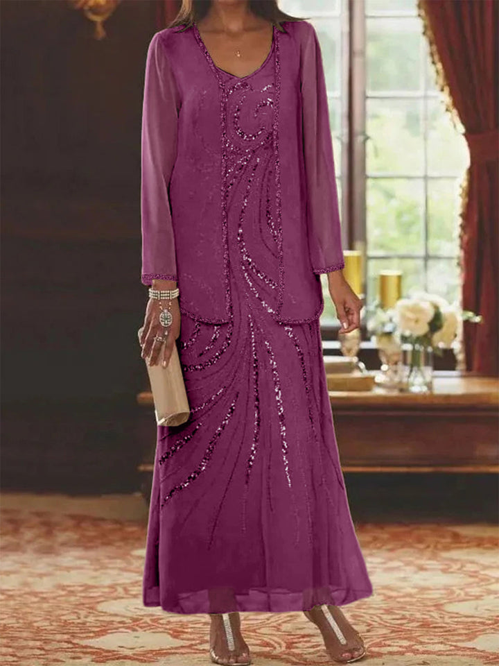 Robe de Mère de la Mariée Fourreau/Colonne à Col en V et Longueur Cheville avec Veste et Paillettes