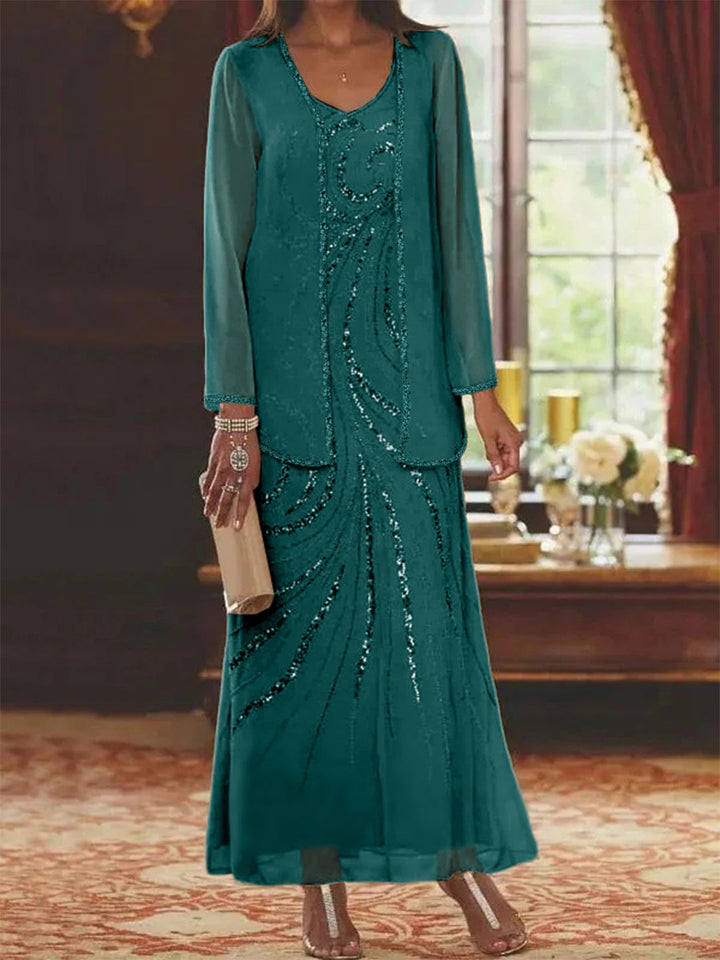 Robe de Mère de la Mariée Fourreau/Colonne à Col en V et Longueur Cheville avec Veste et Paillettes