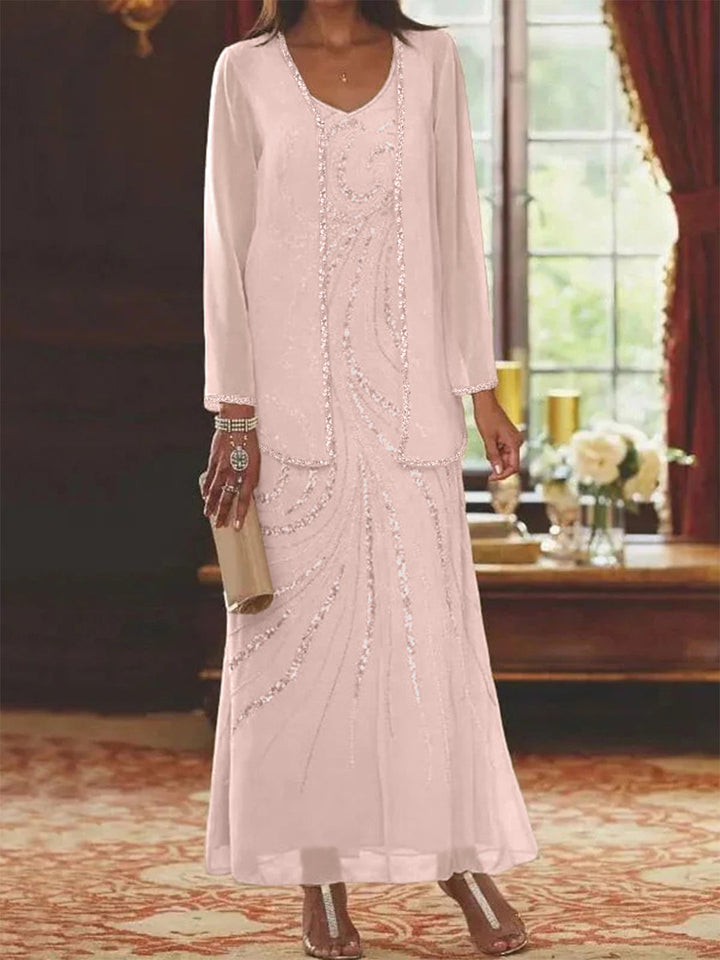 Robe de Mère de la Mariée Fourreau/Colonne à Col en V et Longueur Cheville avec Veste et Paillettes