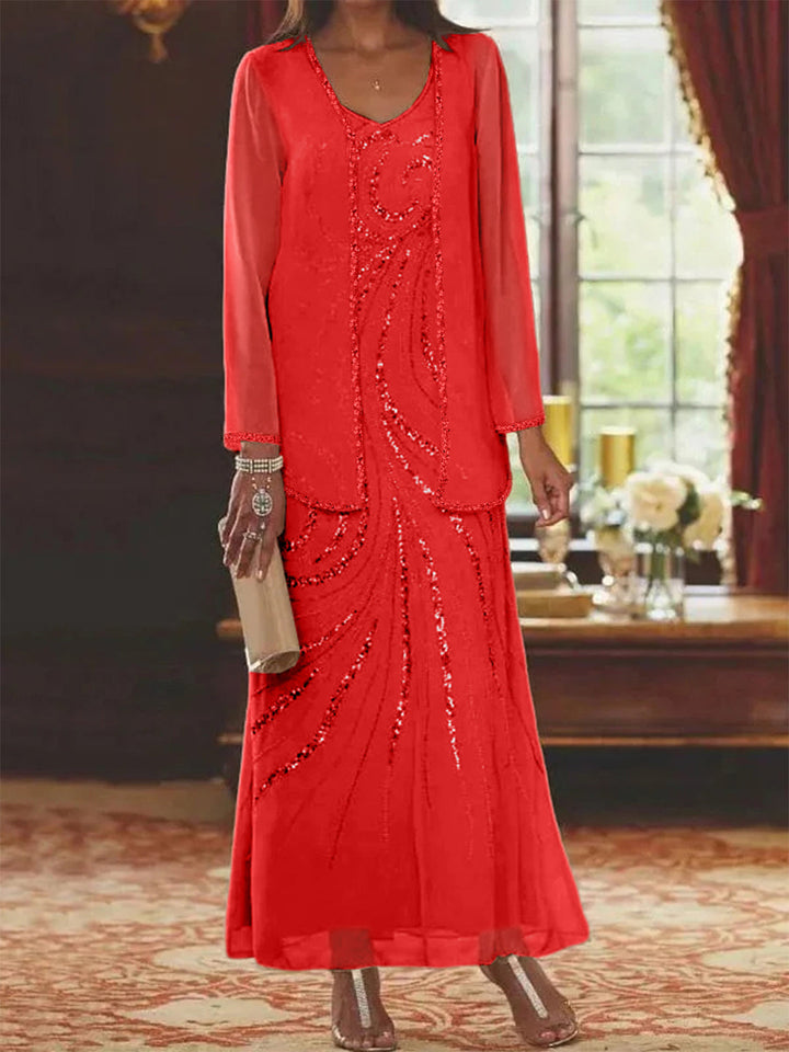 Robe de Mère de la Mariée Fourreau/Colonne à Col en V et Longueur Cheville avec Veste et Paillettes