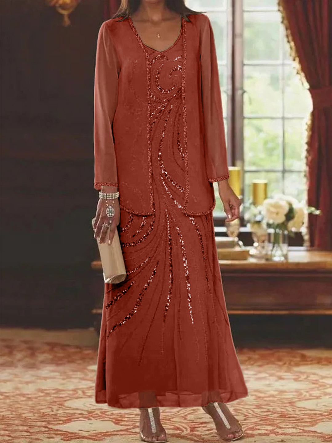 Robe de Mère de la Mariée Fourreau/Colonne à Col en V et Longueur Cheville avec Veste et Paillettes