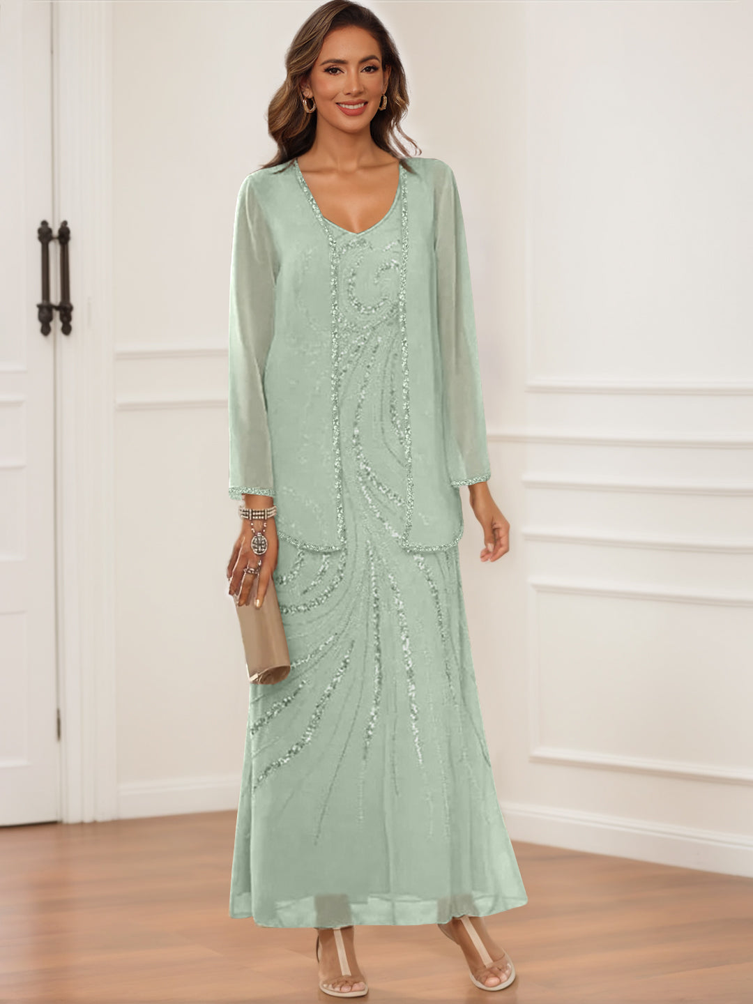 Robes de Mère de la Mariée et Du Marié à Col en V, Longueur Cheville, avec Veste et Paillettes
