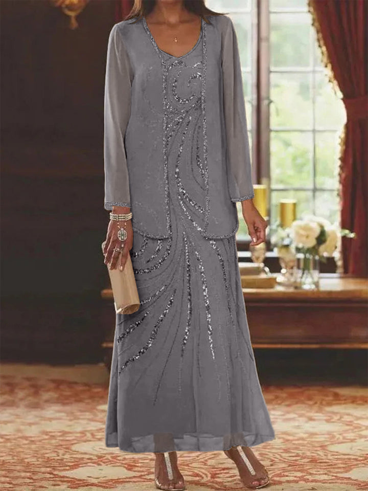 Robe de Mère de la Mariée Fourreau/Colonne à Col en V et Longueur Cheville avec Veste et Paillettes