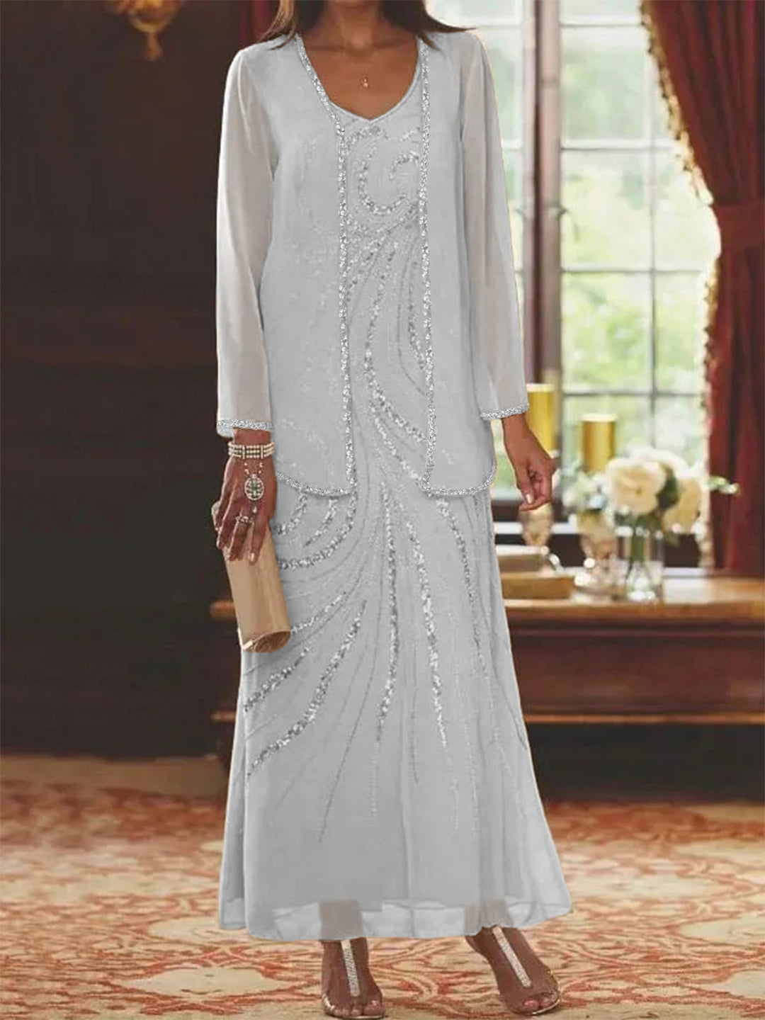 Robe de Mère de la Mariée Fourreau/Colonne à Col en V et Longueur Cheville avec Veste et Paillettes
