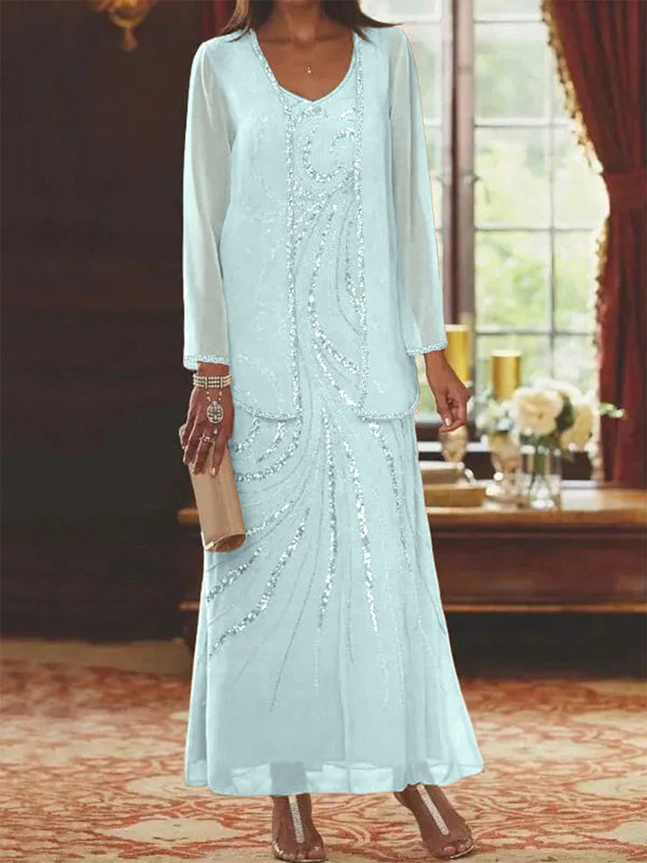 Robe de Mère de la Mariée Fourreau/Colonne à Col en V et Longueur Cheville avec Veste et Paillettes