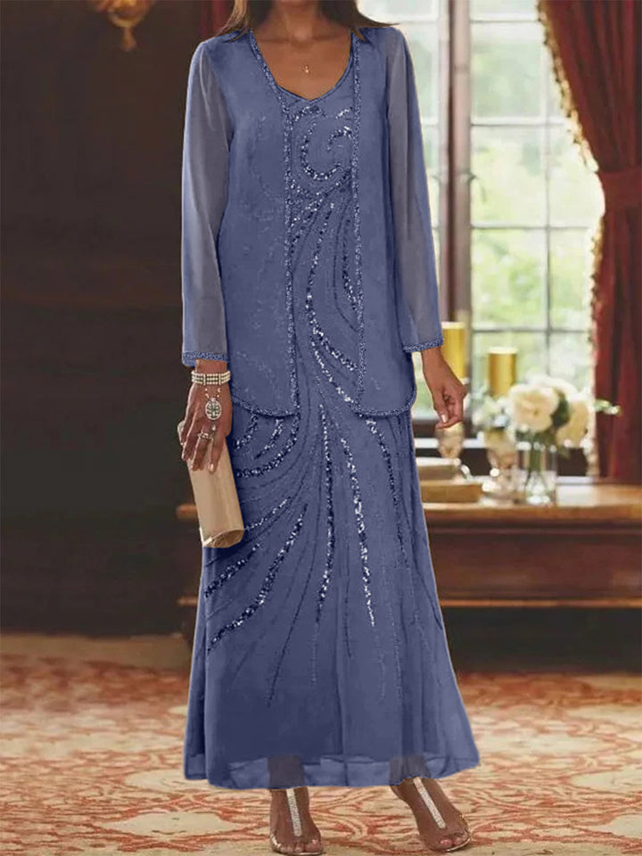 Robe de Mère de la Mariée Fourreau/Colonne à Col en V et Longueur Cheville avec Veste et Paillettes