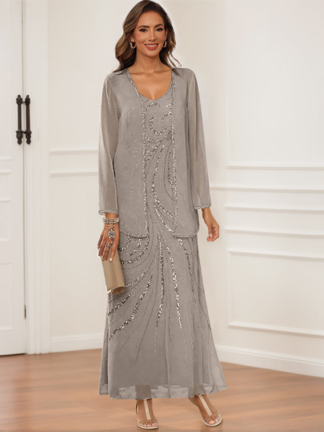 Robes de Mère de la Mariée et Du Marié à Col en V, Longueur Cheville, avec Veste et Paillettes