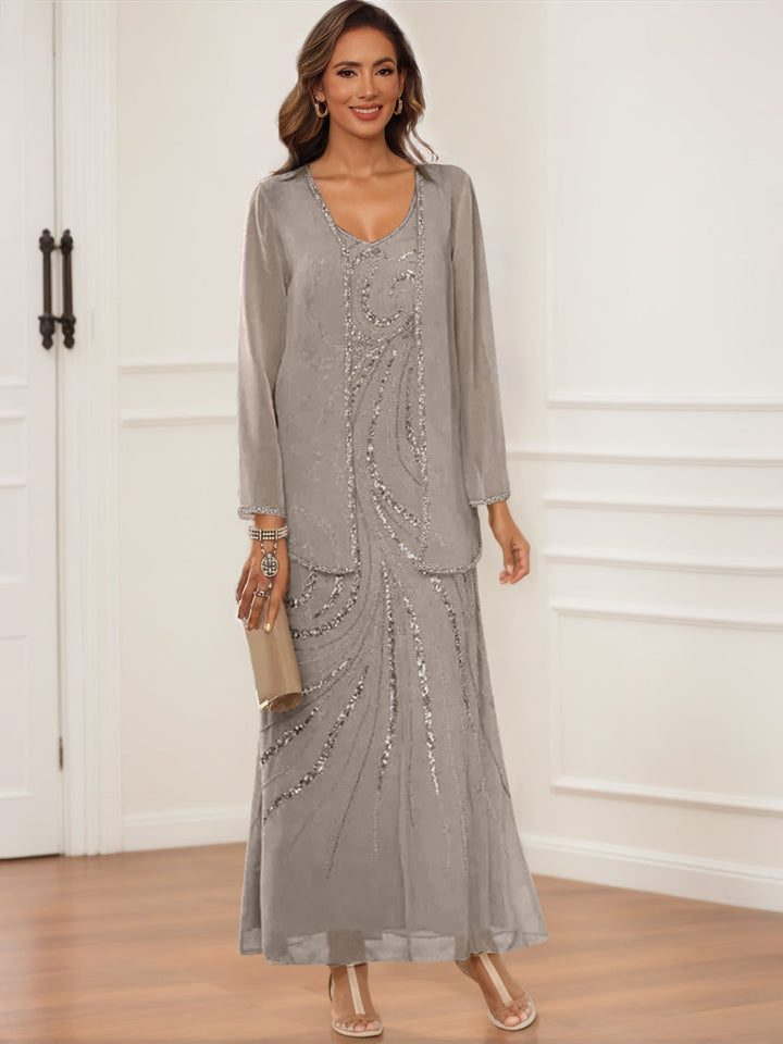Robes de Mère de la Mariée et Du Marié à Col en V, Longueur Cheville, avec Veste et Paillettes