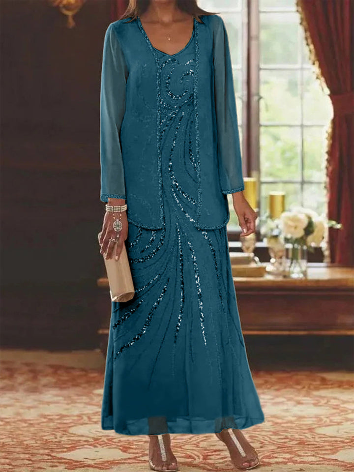 Robe de Mère de la Mariée Fourreau/Colonne à Col en V et Longueur Cheville avec Veste et Paillettes
