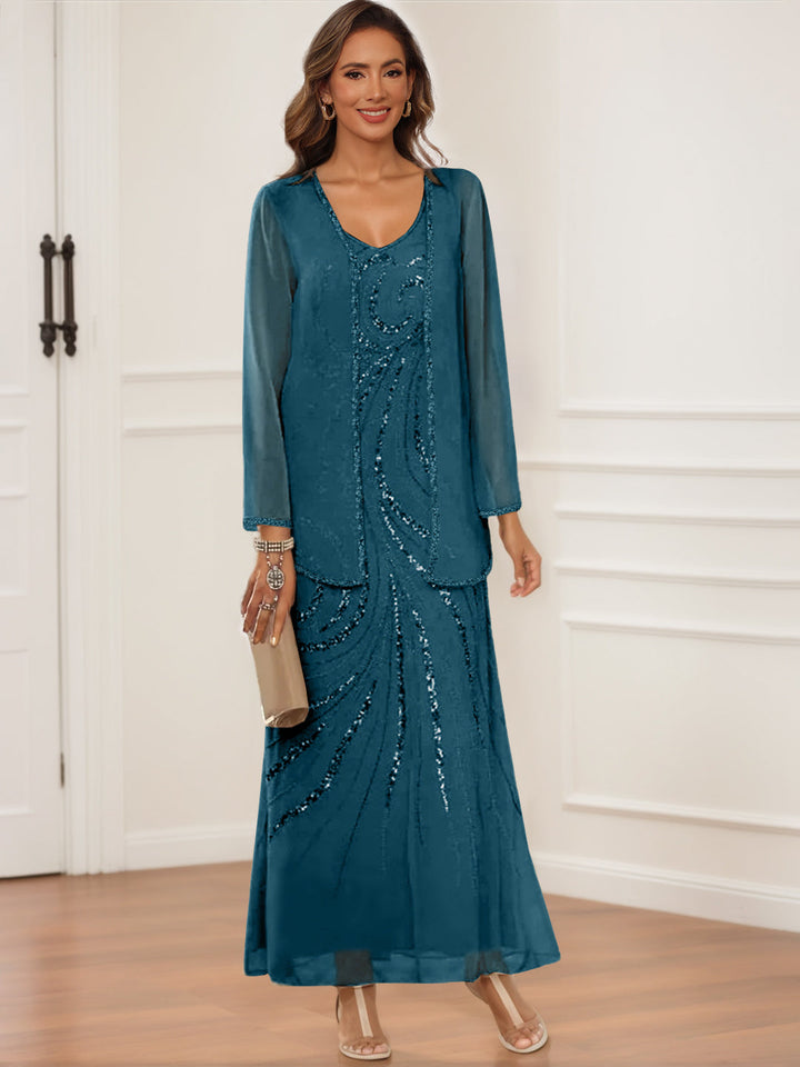 Robes de Mère de la Mariée et Du Marié à Col en V, Longueur Cheville, avec Veste et Paillettes