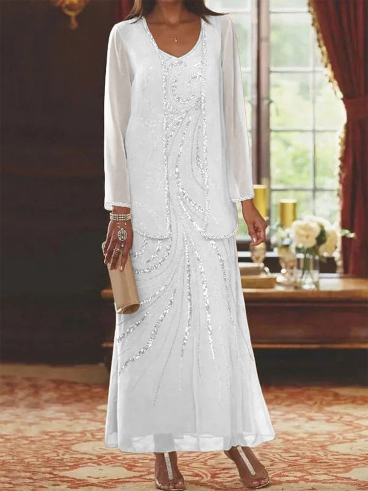 Robe de Mère de la Mariée Fourreau/Colonne à Col en V et Longueur Cheville avec Veste et Paillettes