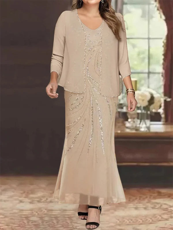 Robe de Mère de la Mariée Fourreau/Colonne à Col en V et Longueur Cheville avec Veste et Paillettes