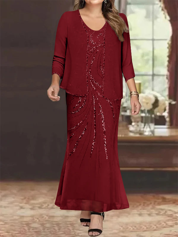 Robe de Mère de la Mariée Grande Taille, Fourreau/Colonne, Col en V, Longueur Cheville, avec Veste et Paillettes