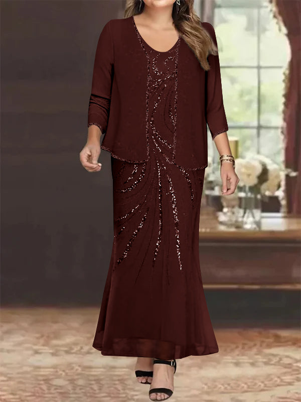 Robe de Mère de la Mariée Grande Taille, Fourreau/Colonne, Col en V, Longueur Cheville, avec Veste et Paillettes