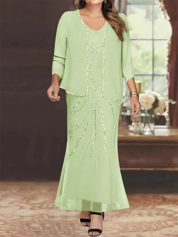 Robe de Mère de la Mariée Grande Taille, Fourreau/Colonne, Col en V, Longueur Cheville, avec Veste et Paillettes