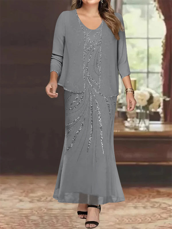Robe de Mère de la Mariée Grande Taille, Fourreau/Colonne, Col en V, Longueur Cheville, avec Veste et Paillettes