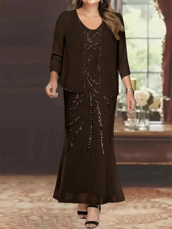 Robe de Mère de la Mariée Grande Taille, Fourreau/Colonne, Col en V, Longueur Cheville, avec Veste et Paillettes