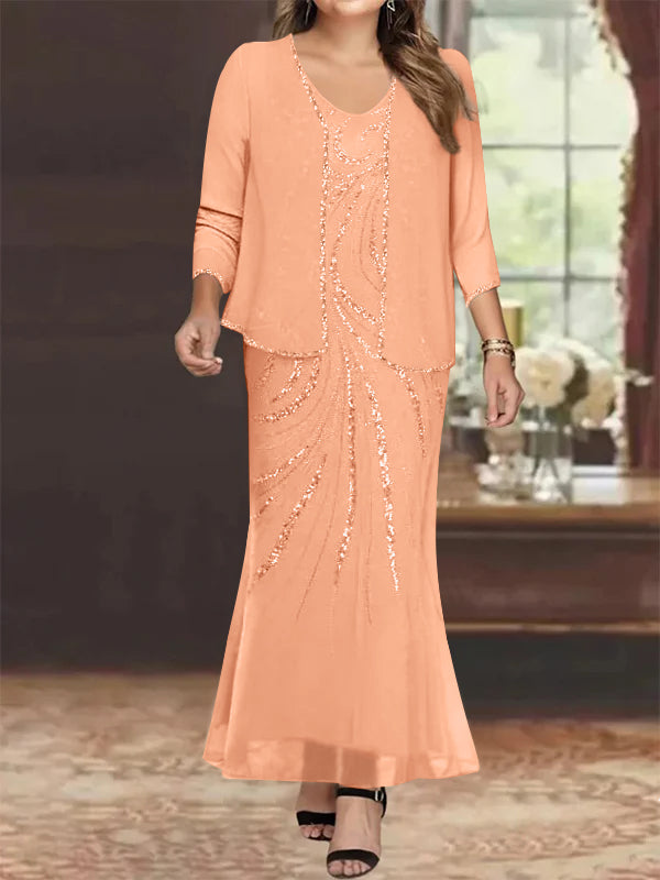 Robe de Mère de la Mariée Grande Taille, Fourreau/Colonne, Col en V, Longueur Cheville, avec Veste et Paillettes