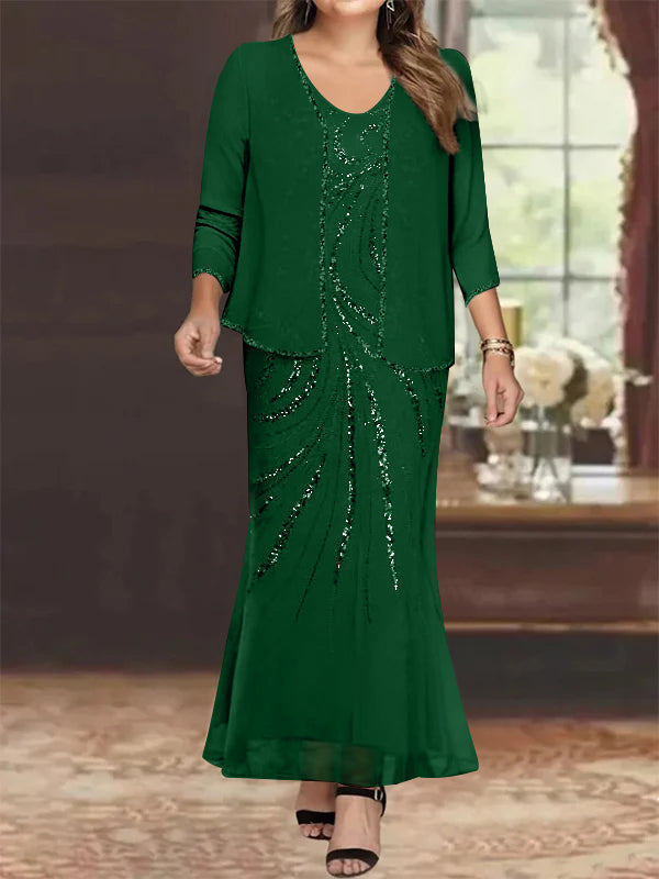 Robe de Mère de la Mariée Grande Taille, Fourreau/Colonne, Col en V, Longueur Cheville, avec Veste et Paillettes
