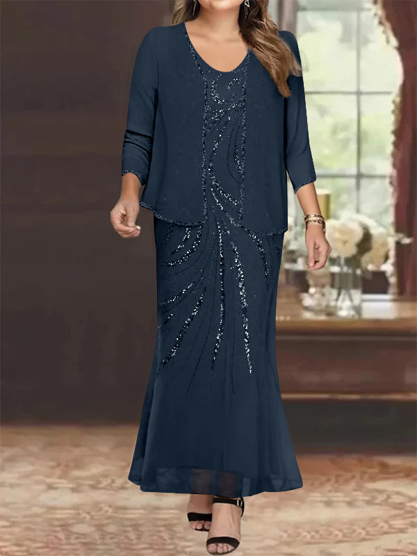 Robe de Mère de la Mariée Grande Taille, Fourreau/Colonne, Col en V, Longueur Cheville, avec Veste et Paillettes