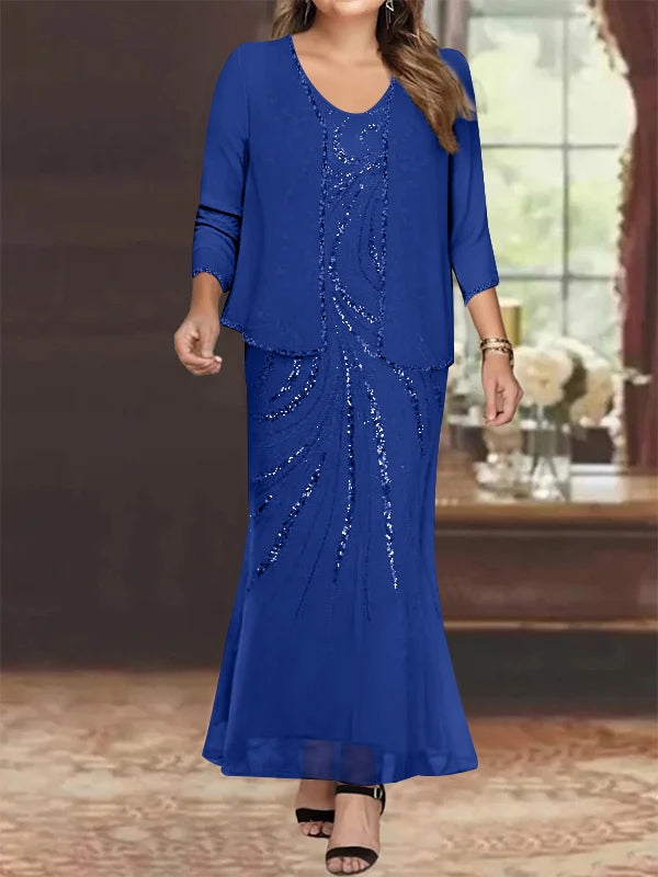 Robe de Mère de la Mariée Grande Taille, Fourreau/Colonne, Col en V, Longueur Cheville, avec Veste et Paillettes