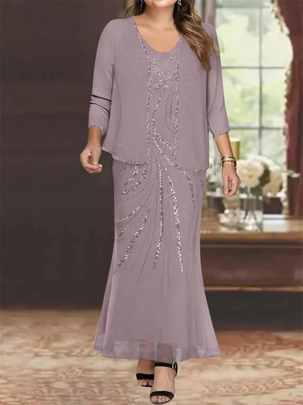 Robe de Mère de la Mariée Grande Taille, Fourreau/Colonne, Col en V, Longueur Cheville, avec Veste et Paillettes