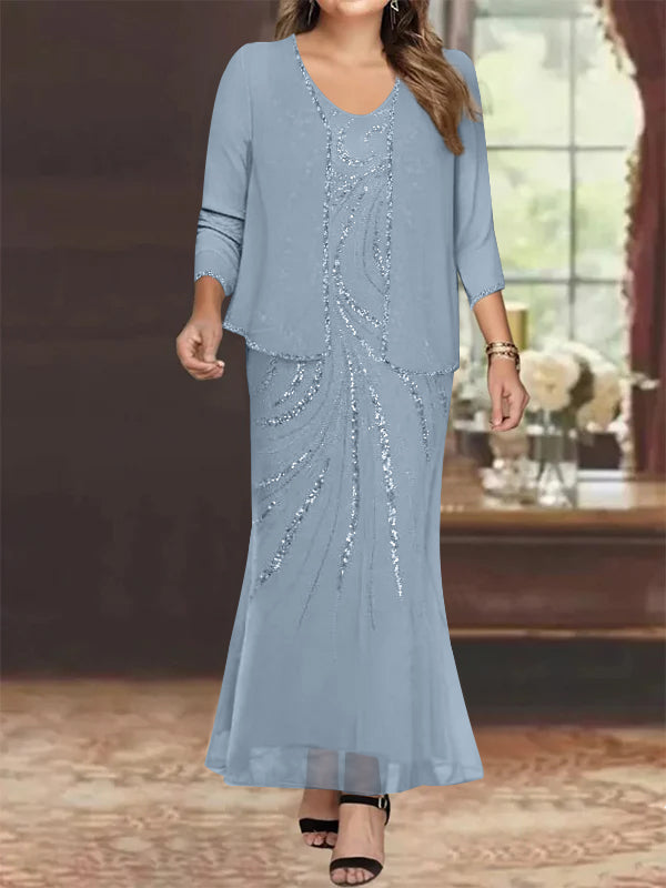 Robe de Mère de la Mariée Grande Taille, Fourreau/Colonne, Col en V, Longueur Cheville, avec Veste et Paillettes