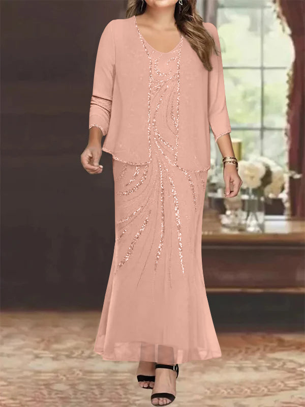 Robe de Mère de la Mariée Grande Taille, Fourreau/Colonne, Col en V, Longueur Cheville, avec Veste et Paillettes