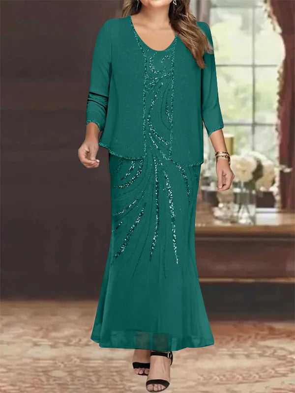 Robe de Mère de la Mariée Grande Taille, Fourreau/Colonne, Col en V, Longueur Cheville, avec Veste et Paillettes