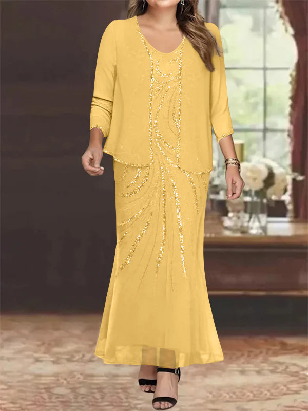 Robe de Mère de la Mariée Grande Taille, Fourreau/Colonne, Col en V, Longueur Cheville, avec Veste et Paillettes