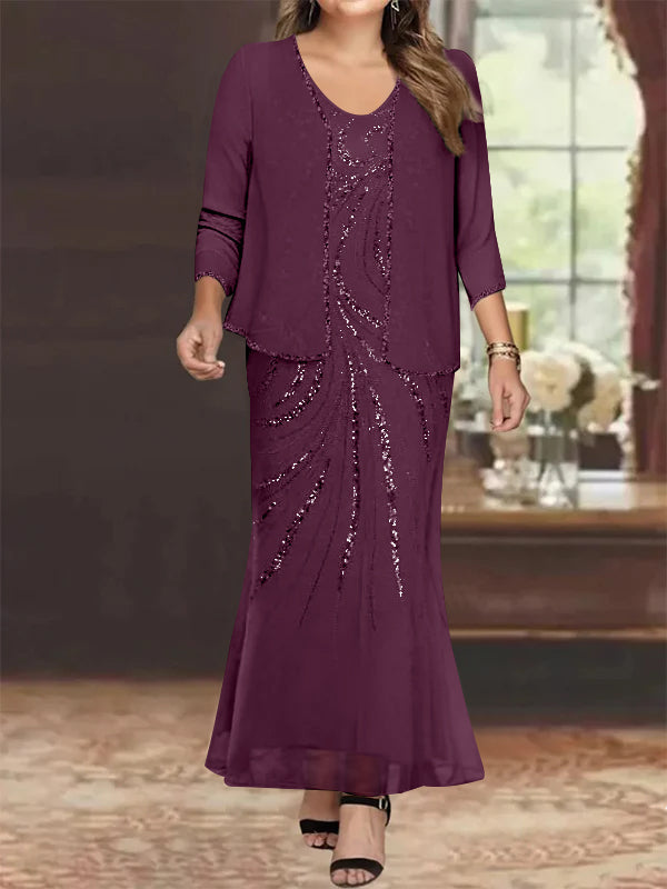 Robe de Mère de la Mariée Grande Taille, Fourreau/Colonne, Col en V, Longueur Cheville, avec Veste et Paillettes