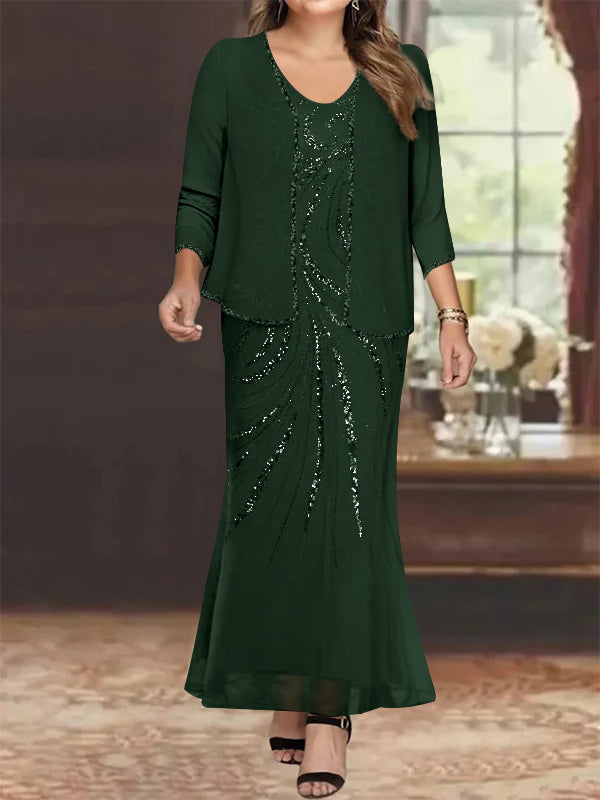 Robe de Mère de la Mariée Grande Taille, Fourreau/Colonne, Col en V, Longueur Cheville, avec Veste et Paillettes