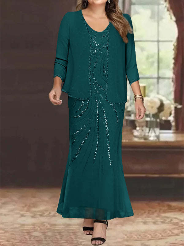 Robe de Mère de la Mariée Grande Taille, Fourreau/Colonne, Col en V, Longueur Cheville, avec Veste et Paillettes