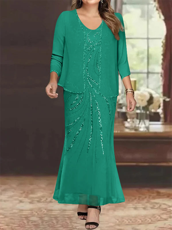 Robe de Mère de la Mariée Grande Taille, Fourreau/Colonne, Col en V, Longueur Cheville, avec Veste et Paillettes