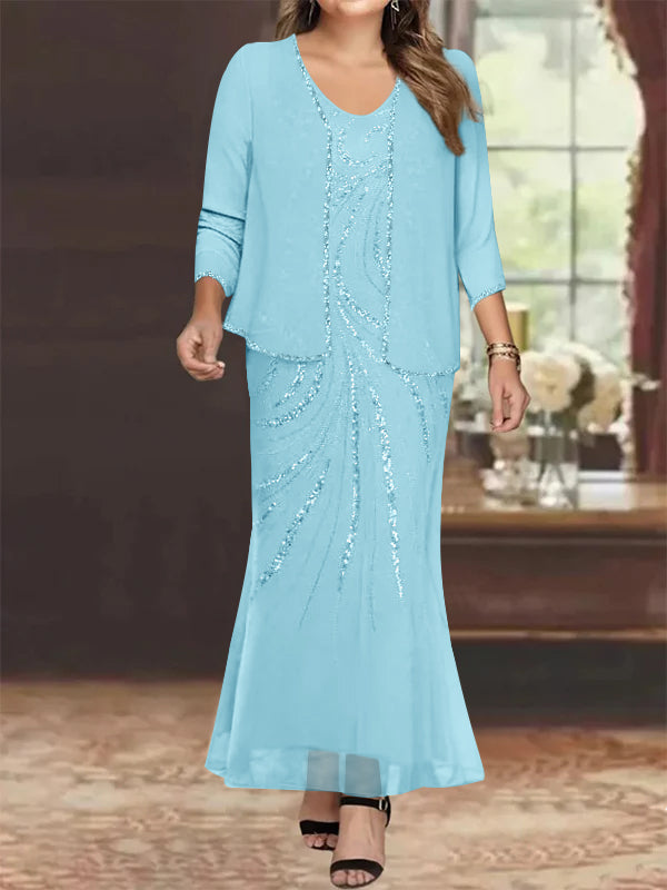 Robe de Mère de la Mariée Grande Taille, Fourreau/Colonne, Col en V, Longueur Cheville, avec Veste et Paillettes