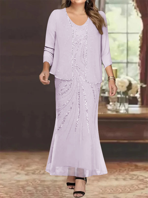 Robe de Mère de la Mariée Grande Taille, Fourreau/Colonne, Col en V, Longueur Cheville, avec Veste et Paillettes