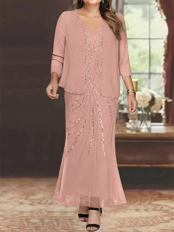 Robe de Mère de la Mariée Grande Taille, Fourreau/Colonne, Col en V, Longueur Cheville, avec Veste et Paillettes