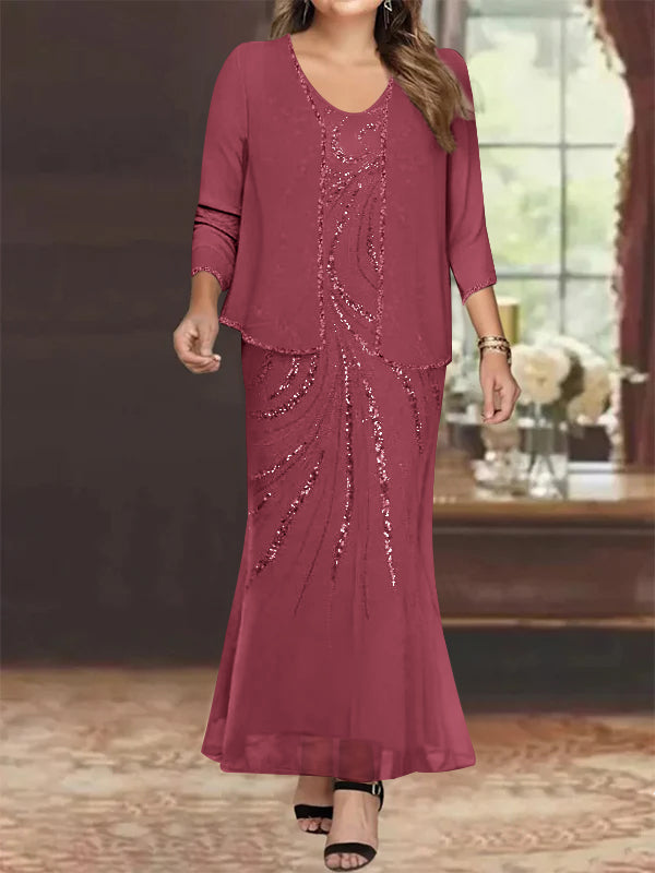 Robe de Mère de la Mariée Grande Taille, Fourreau/Colonne, Col en V, Longueur Cheville, avec Veste et Paillettes