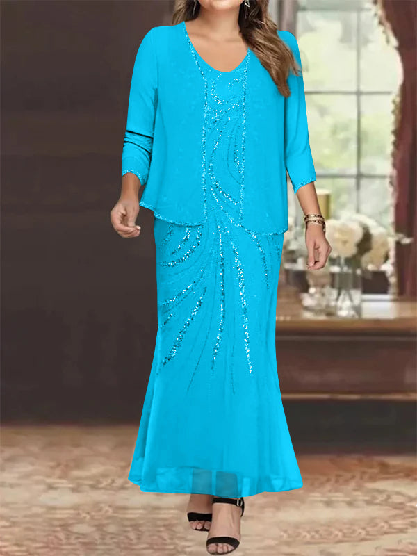 Robe de Mère de la Mariée Grande Taille, Fourreau/Colonne, Col en V, Longueur Cheville, avec Veste et Paillettes