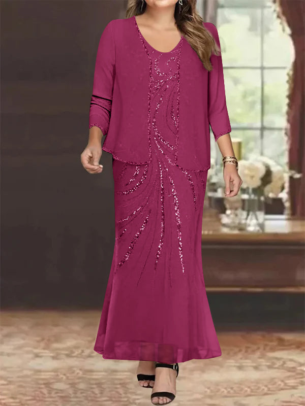 Robe de Mère de la Mariée Grande Taille, Fourreau/Colonne, Col en V, Longueur Cheville, avec Veste et Paillettes