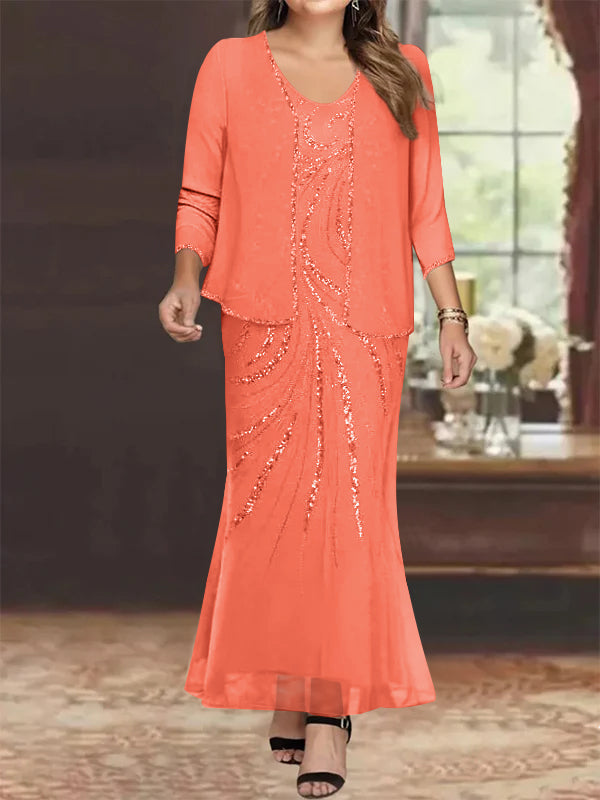 Robe de Mère de la Mariée Grande Taille, Fourreau/Colonne, Col en V, Longueur Cheville, avec Veste et Paillettes