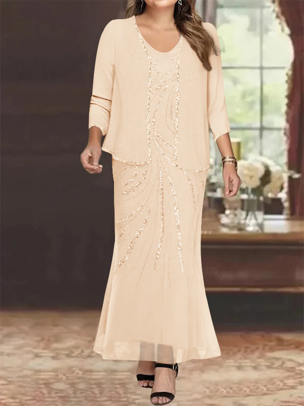 Robe de Mère de la Mariée Grande Taille, Fourreau/Colonne, Col en V, Longueur Cheville, avec Veste et Paillettes