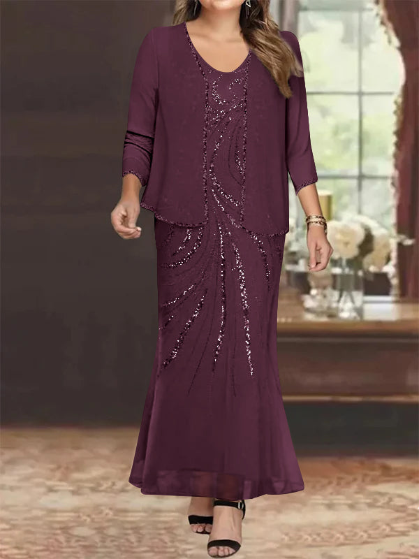 Robe de Mère de la Mariée Grande Taille, Fourreau/Colonne, Col en V, Longueur Cheville, avec Veste et Paillettes
