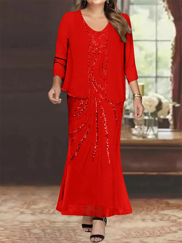 Robe de Mère de la Mariée Grande Taille, Fourreau/Colonne, Col en V, Longueur Cheville, avec Veste et Paillettes