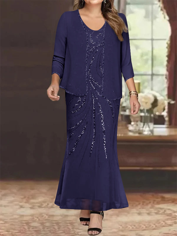 Robe de Mère de la Mariée Grande Taille, Fourreau/Colonne, Col en V, Longueur Cheville, avec Veste et Paillettes