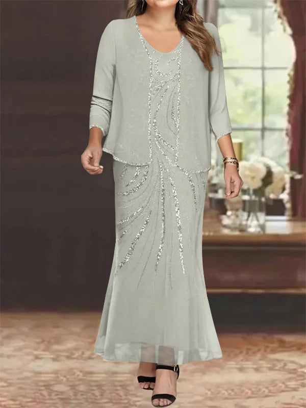 Robe de Mère de la Mariée Grande Taille, Fourreau/Colonne, Col en V, Longueur Cheville, avec Veste et Paillettes