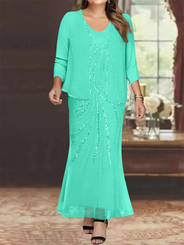 Robe de Mère de la Mariée Grande Taille, Fourreau/Colonne, Col en V, Longueur Cheville, avec Veste et Paillettes