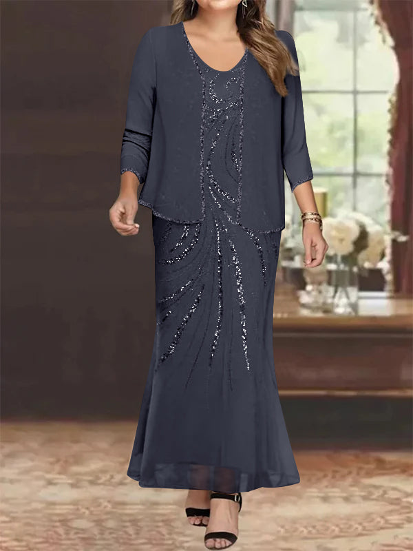 Robe de Mère de la Mariée Grande Taille, Fourreau/Colonne, Col en V, Longueur Cheville, avec Veste et Paillettes