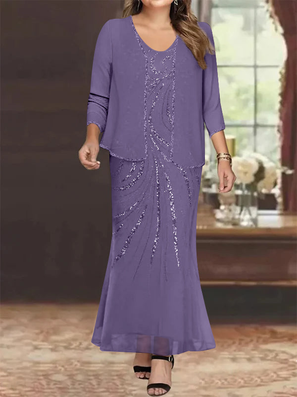 Robe de Mère de la Mariée Grande Taille, Fourreau/Colonne, Col en V, Longueur Cheville, avec Veste et Paillettes