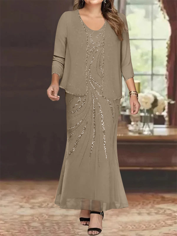 Robe de Mère de la Mariée Grande Taille, Fourreau/Colonne, Col en V, Longueur Cheville, avec Veste et Paillettes